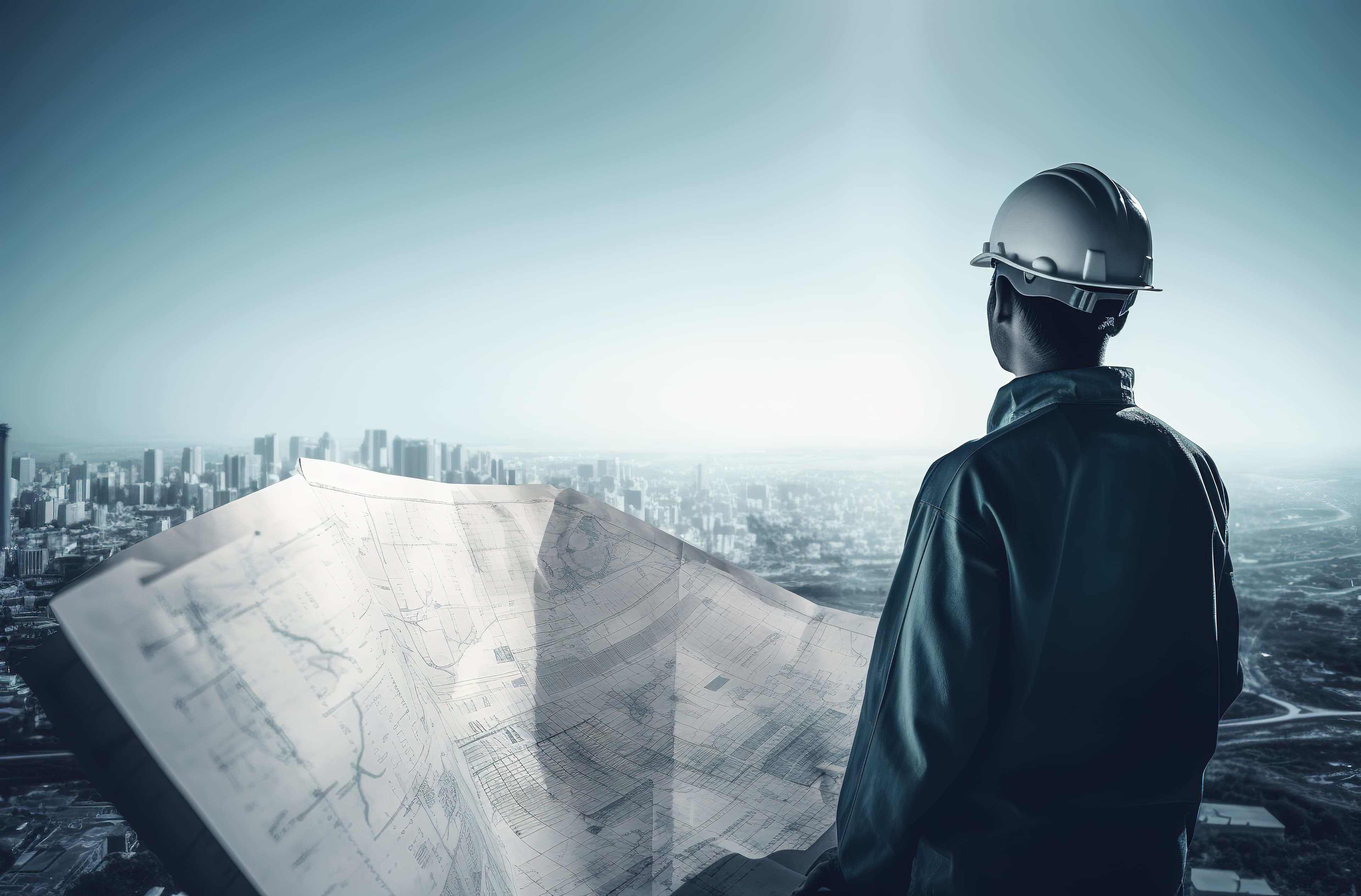 Eden City construction engineer with blueprint overlooking city